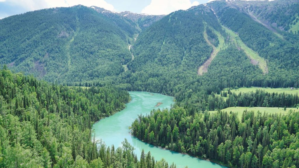 Acquisition de biens publics — vue aérienne d'une rivière verte serpentant à travers des montagnes forestières luxuriantes en été